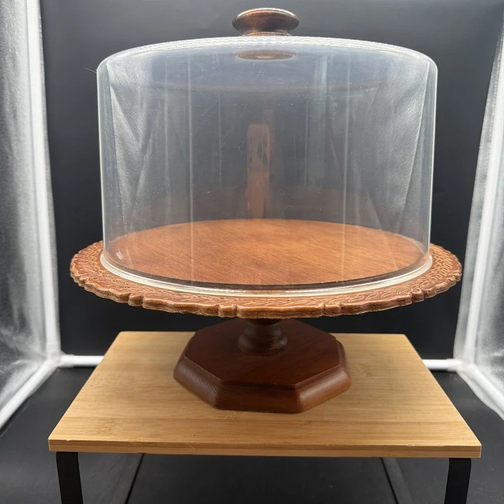 VTG Wood Cake Stand With Plastic Lid Cookies Cake Plate Cake Display